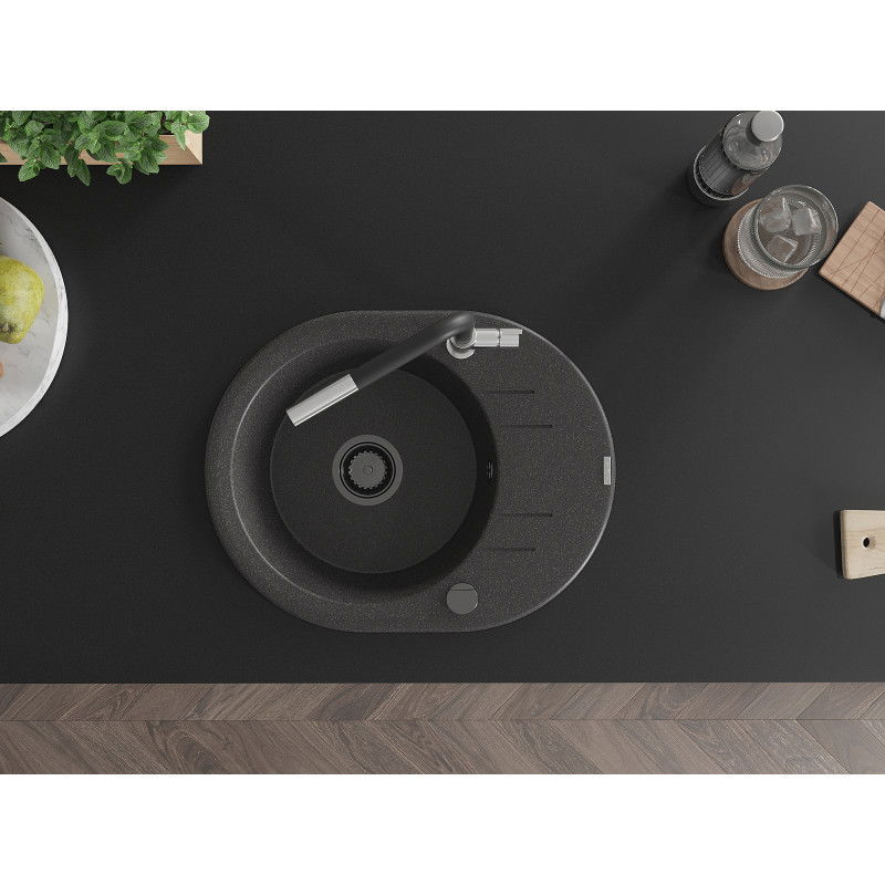 Mexen Kevin granitový dřez jednokomorový s odkapávačem a kuchyňskou baterií Flora, černý tečkovaný - 6517-76-670401-07-B