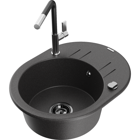 Mexen Kevin granitový dřez jednokomorový s odkapávačem a kuchyňskou baterií Flora, černý tečkovaný - 6517-76-670401-07-B