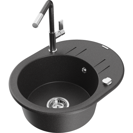 Mexen Kevin jednokomorový žulový dřez s odkapávačem a kuchyňskou baterií Flora, černá žíhana - 6517-76-670401-08
