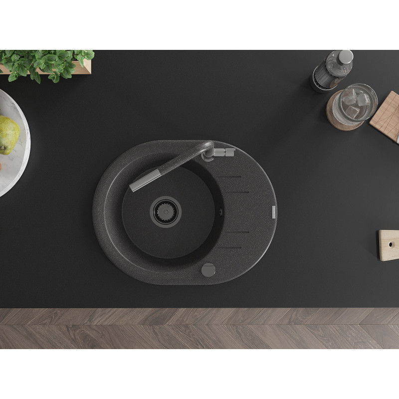 Mexen Kevin jednokomorový kuchyňský dřez s odkapávačem a kuchyňskou baterií Flora, černý žíhaný - 6517-76-670401-08-B