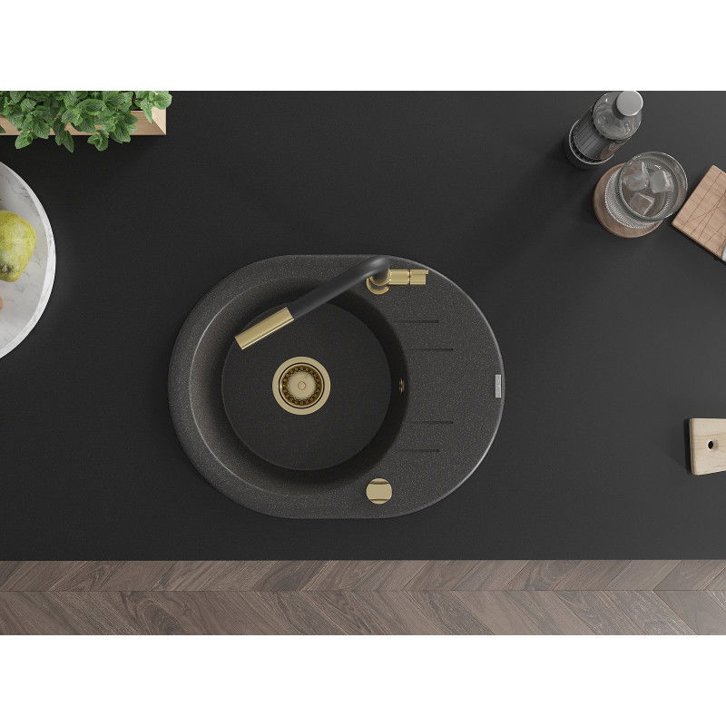 Mexen Kevin granitový dřez 1-komorový s odkapávačem a kuchyňskou baterií Flora, černý skvrnitý - 6517-76-670401-57-G