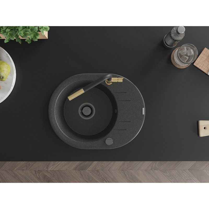 Mexen Kevin granitový dřez 1-komorový s odkapávačem a kuchyňskou baterií Flora, černý tečkovaný - 6517-76-670401-57-B