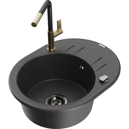 Mexen Kevin granitový dřez 1-komorový s odkapávačem a kuchyňskou baterií Flora, černý tečkovaný - 6517-76-670401-57-B