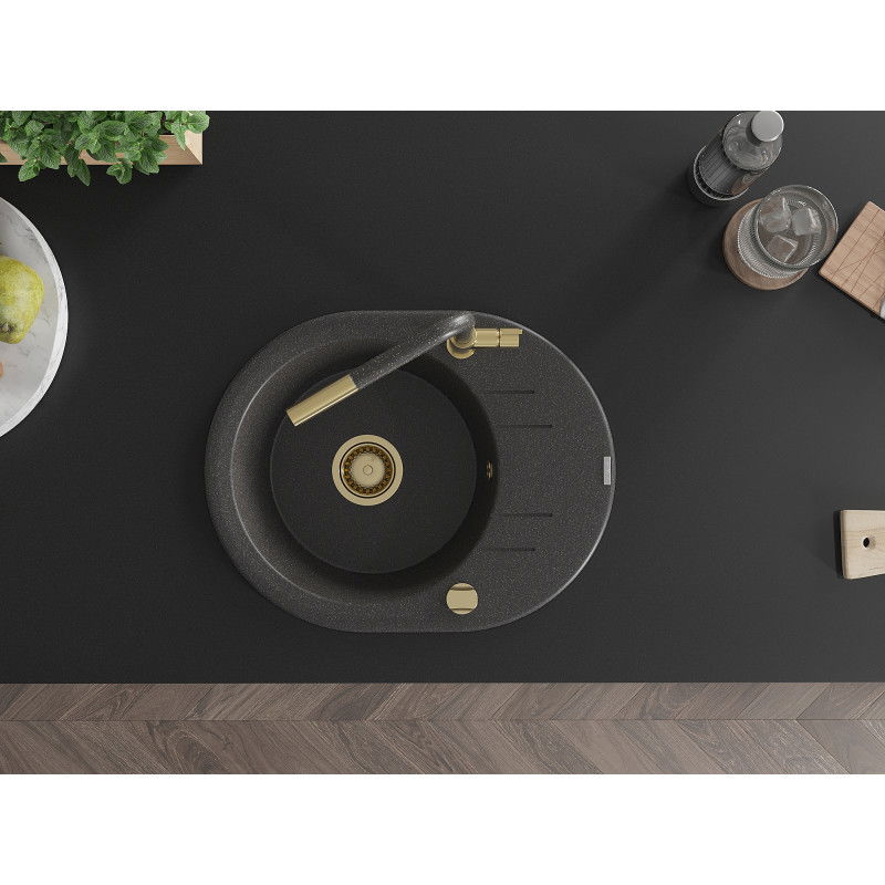 Mexen Kevin granitový dřez 1-komorový s odkapávačem a kuchyňskou baterií Flora, černý skvrnitý - 6517-76-670401-75-G