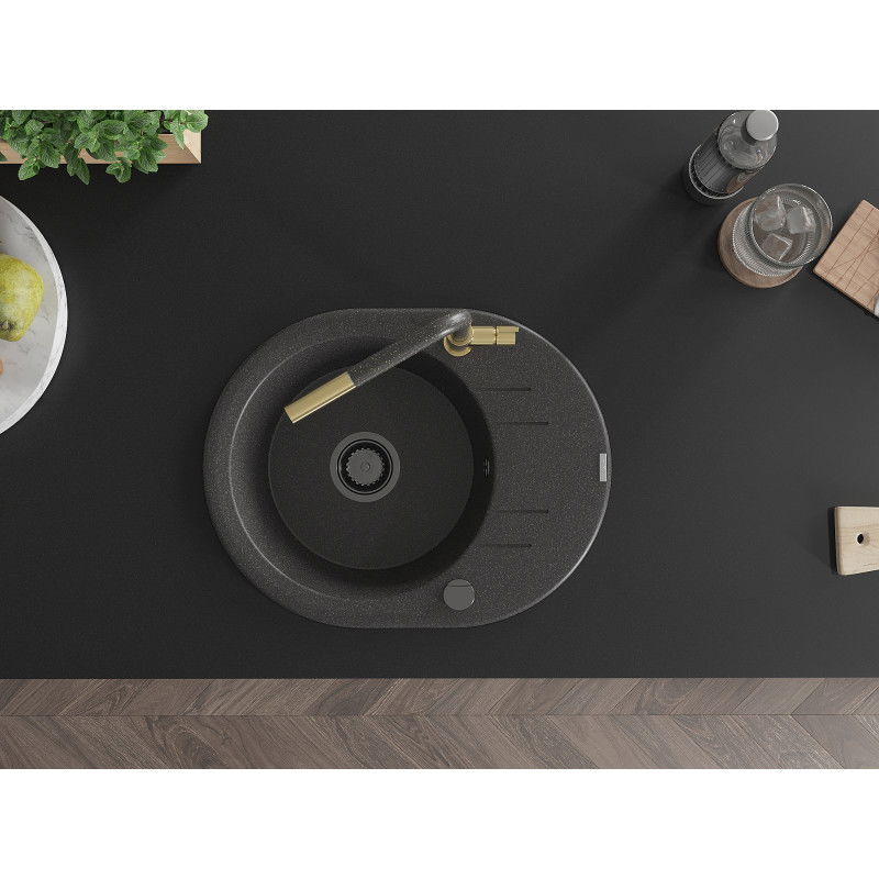 Mexen Kevin granitový dřez 1-komorový s odkapávačem a kuchyňskou baterií Flora, černý skvrnitý - 6517-76-670401-75-B