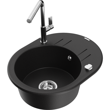 Mexen Kevin granitový dřez 1-komorový s odkapávačem a kuchyňskou baterií Flora, černý - 6517-77-670401-00