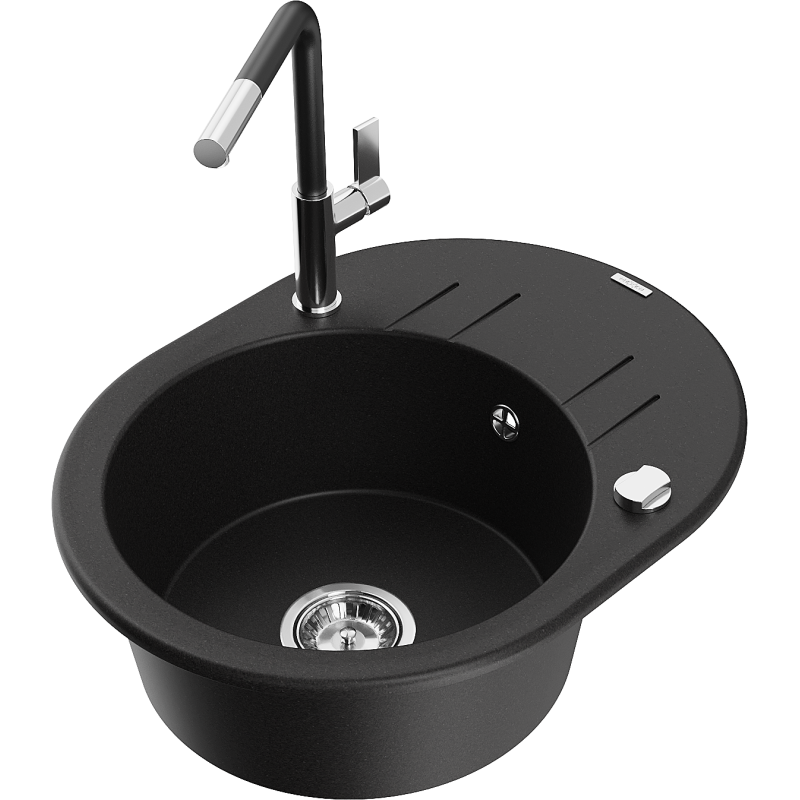 Mexen Kevin granitový dřez s 1 komorou, odkapávačem a kuchyňskou baterií Flora, černý - 6517-77-670401-07