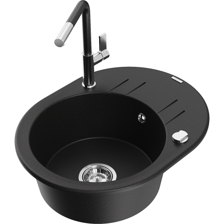 Mexen Kevin granitový dřez s 1 komorou, odkapávačem a kuchyňskou baterií Flora, černý - 6517-77-670401-07