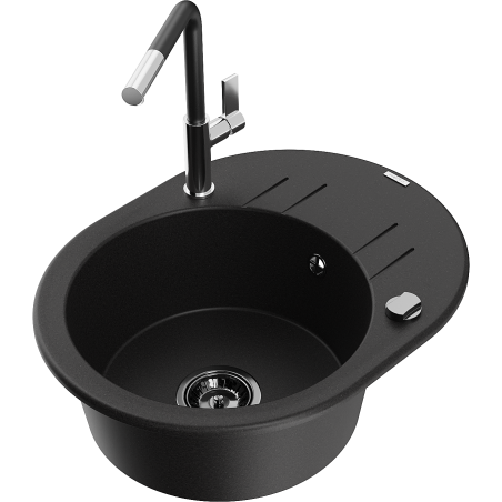 Mexen Kevin granitový dřez 1-komorový s odkapávačem a kuchyňskou baterií Flora, černý - 6517-77-670401-07-B