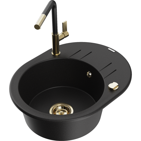 Mexen Kevin granitový dřez s 1 komorou, odkapávačem a kuchyňskou baterií Flora, černý - 6517-77-670401-57-G