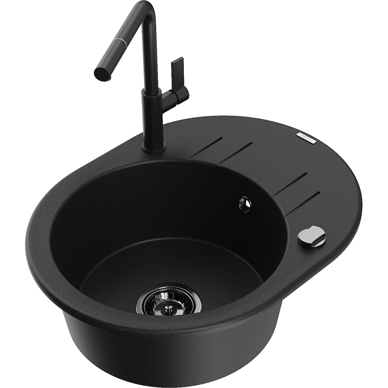 Mexen Kevin granitový dřez 1-komorový s odkapávačem a kuchyňskou baterií Flora, černý - 6517-77-670401-70-B