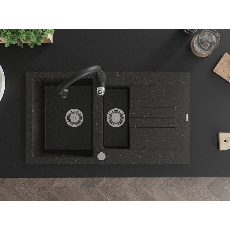 Mexen Matias granitový dřez 1,5-komorový s odkapávačem a kuchyňskou baterií Savita, černý/zlatý - 6502-75-672601-70