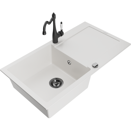 Mexen Leo granitový dřez 1-komorový s odkapávačem a kuchyňskou baterií Carla, bílý - 6501-20-670700-70