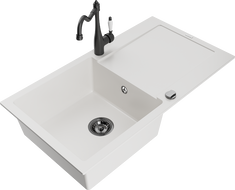 Mexen Leo granitový dřez 1-komorový s odkapávačem a kuchyňskou baterií Carla, bílý - 6501-20-670700-70