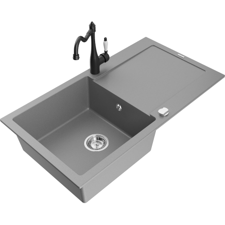 Mexen Leo granitový dřez 1-komorový s odkapávačem a kuchyňskou baterií Carla, šedá - 6501-71-670700-70