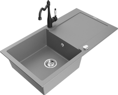 Mexen Leo granitový dřez 1-komorový s odkapávačem a kuchyňskou baterií Carla, šedá - 6501-71-670700-70