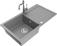 Mexen Leo granitový dřez 1-komorový s odkapávačem a kuchyňská baterie Carla, šedá - 6501-71-670700-71