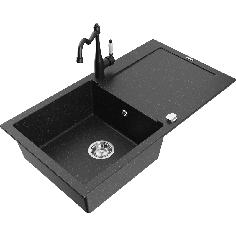 Mexen Leo granitový dřez 1-komorový s odkapávačem a kuchyňskou baterií Carla, černý/stříbrný metalik - 6501-73-670700-70