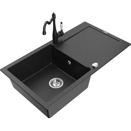 Mexen Leo granitový dřez 1-komorový s odkapávačem a kuchyňskou baterií Carla, černý/stříbrný metalik - 6501-73-670700-70