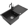 Mexen Leo granitový dřez 1-komorový s odkapávačem a kuchyňskou baterií Carla, černý/stříbrný metalik - 6501-73-670700-70