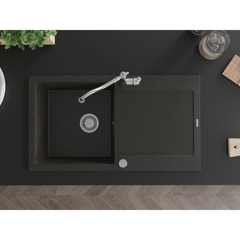 Mexen Leo granitový dřez s 1 komorou a odkapávačem a kuchyňskou baterií Carla, černá/zlatý metalík - 6501-75-670700-00