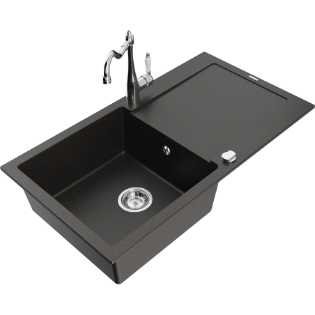Mexen Leo granitový dřez s 1 komorou a odkapávačem a kuchyňskou baterií Carla, černá/zlatý metalík - 6501-75-670700-00