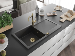 Mexen Leo granitový dřez 1-komorový s odkapávačem a kuchyňskou baterií Carla, černý skvrnitý - 6501-76-670700-50