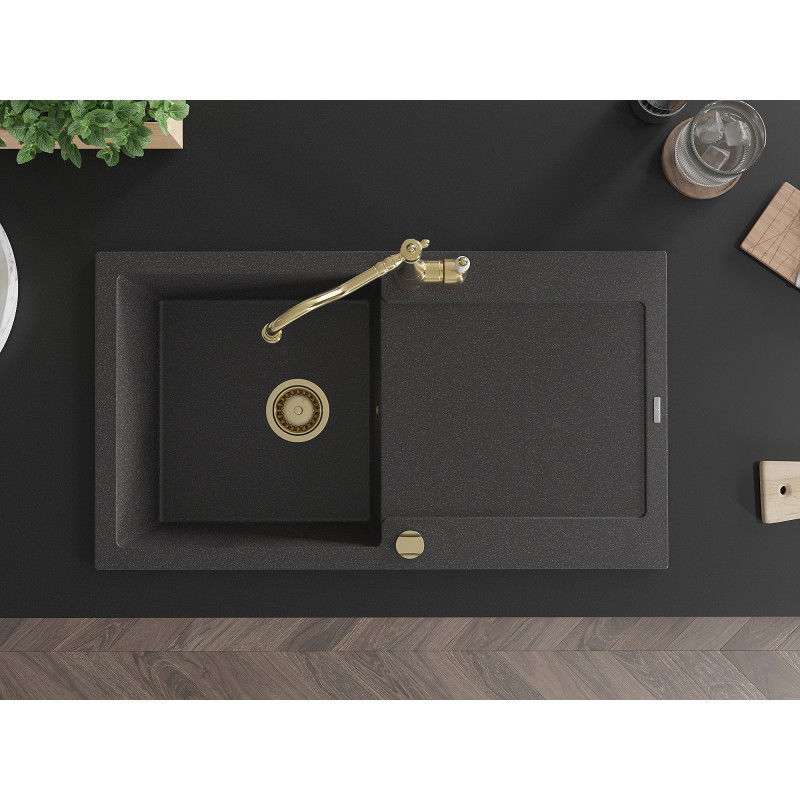 Mexen Leo granitový dřez 1-komorový s odkapávačem a kuchyňskou baterií Carla, černý skvrnitý - 6501-76-670700-50