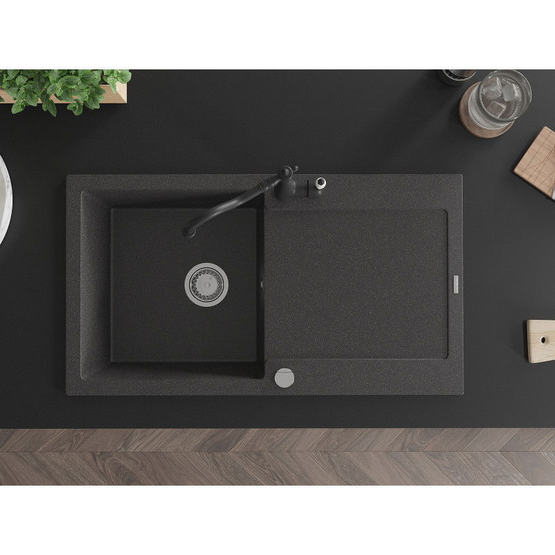 Mexen Leo granitový dřez s 1 komorou a odkapávačem a kuchyňskou baterií Carla, černý tečkovaný - 6501-76-670700-70