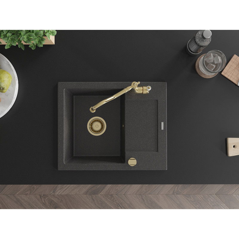 Mexen Enzo granitový dřez s 1 komorou, odkapávačem a kuchyňskou baterií Carla, černý skvrnitý - 6506-76-670700-50