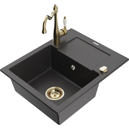 Mexen Enzo granitový dřez s 1 komorou, odkapávačem a kuchyňskou baterií Carla, černý skvrnitý - 6506-76-670700-50