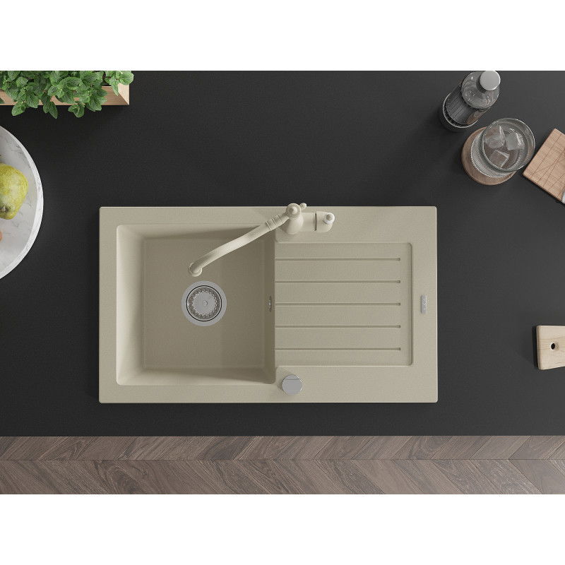 Mexen Pablo žulový dřez 1-komorový s odkapávací plochou a kuchyňskou baterií Carla, béžový - 6510-69-670700-69