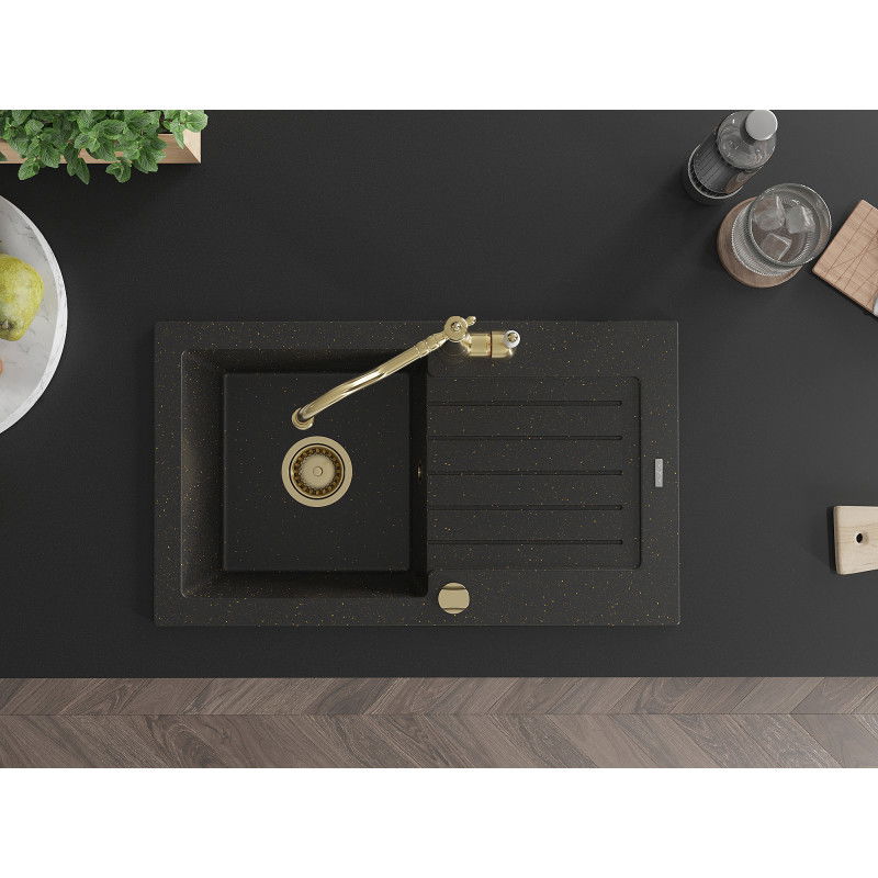 Mexen Pablo granitový dřez s 1 komorou, odkapávačem a kuchyňskou baterií Carla, černý/zlatý metalík - 6510-75-670700-50