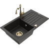 Mexen Pablo granitový dřez s 1 komorou, odkapávačem a kuchyňskou baterií Carla, černý/zlatý metalík - 6510-75-670700-50