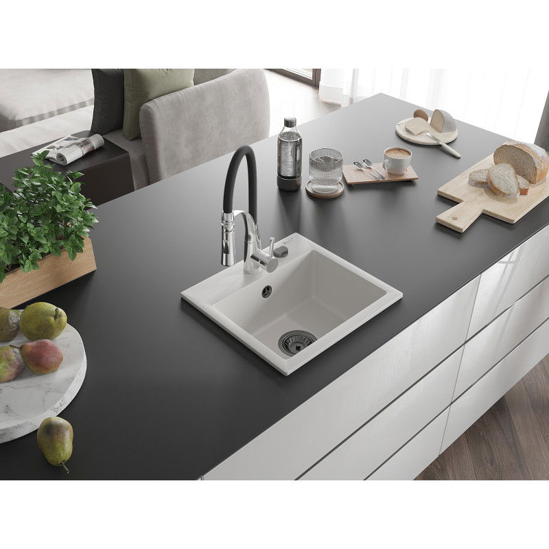 Mexen Milo granitový dřez jednodřez s kuchyňskou baterií Aster, bílý - 6505-20-73450-07-B