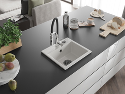Mexen Milo granitový dřez jednodřez s kuchyňskou baterií Aster, bílý - 6505-20-73450-07-B