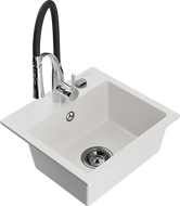 Mexen Milo granitový dřez jednodřez s kuchyňskou baterií Aster, bílý - 6505-20-73450-07-B