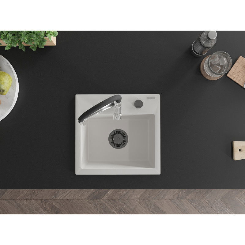 Mexen Milo granitový dřez jednodřez s kuchyňskou baterií Aster, bílý - 6505-20-73450-07-B