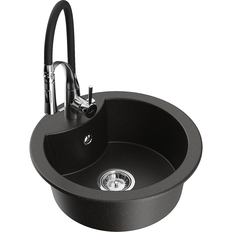 Mexen Diego granitový dřez s 1 komorou s kuchyňskou baterií Aster, černý/zlatý metalický - 6512-75-73450-70