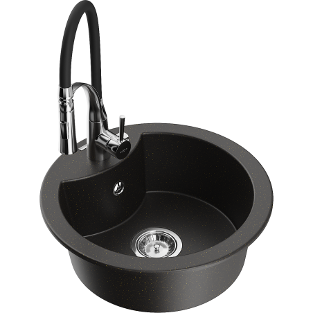 Mexen Diego granitový dřez s 1 komorou s kuchyňskou baterií Aster, černý/zlatý metalický - 6512-75-73450-70