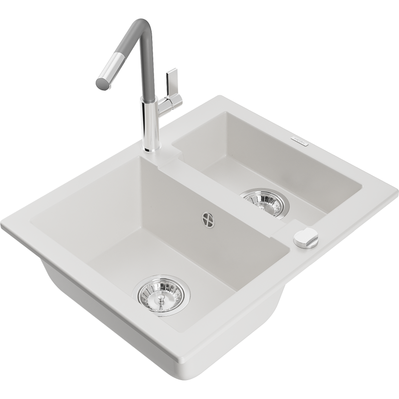 Mexen Carlos žulový dřez 1,5 komorový s kuchyňskou baterií Flora, bílý - 6518-20-670401-06