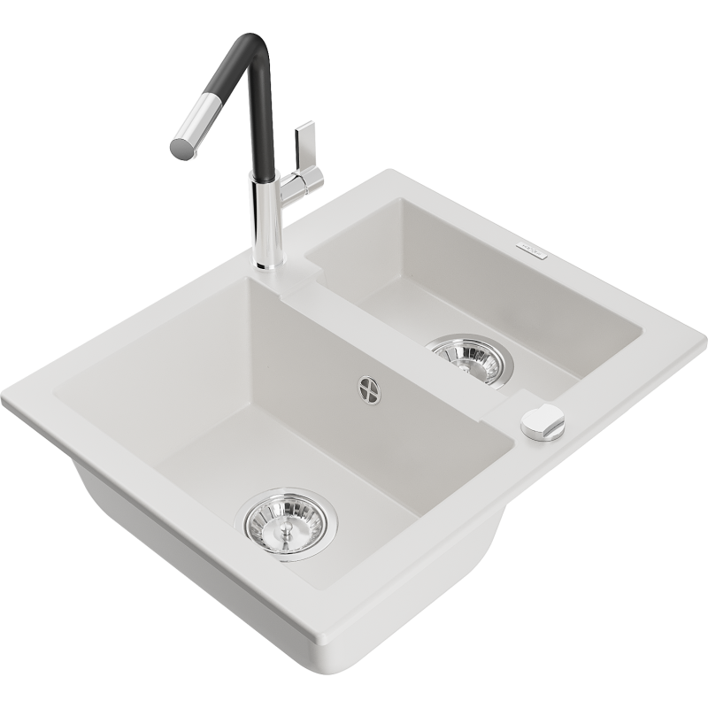 Mexen Carlos granitový dřez 1,5-komorový s kuchyňskou baterií Flora, bílý - 6518-20-670401-07