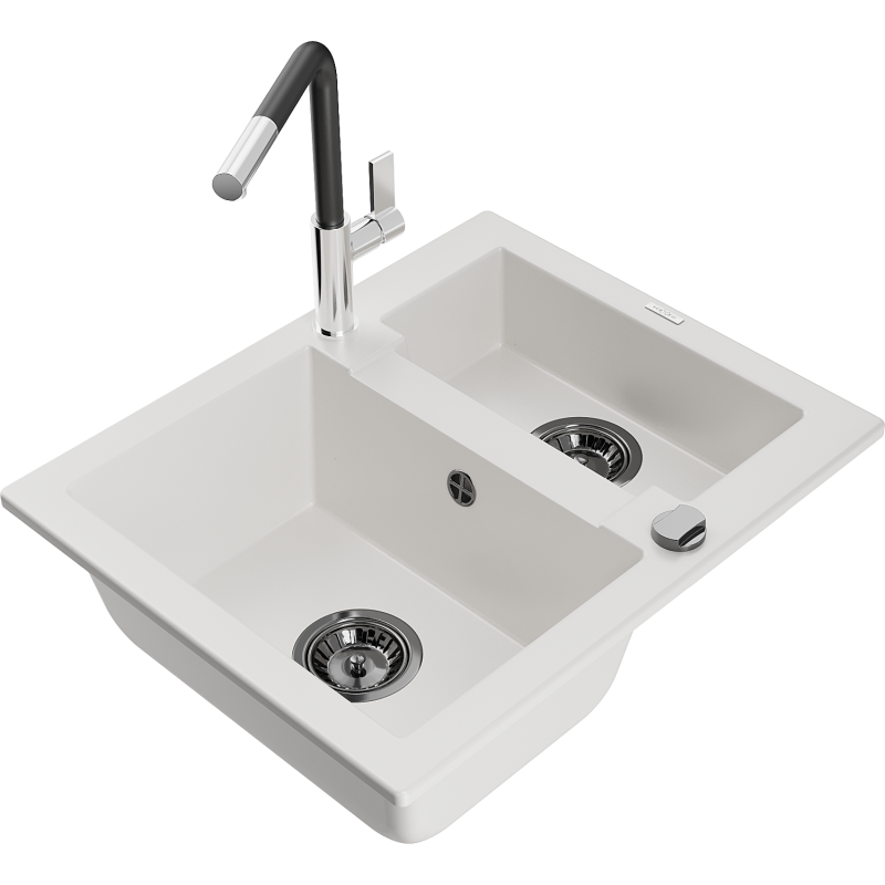 Mexen Carlos žulový dřez 1,5-komorový s kuchyňskou baterií Flora, bílý - 6518-20-670401-07-B