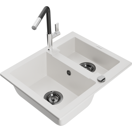 Mexen Carlos žulový dřez 1,5-komorový s kuchyňskou baterií Flora, bílý - 6518-20-670401-07-B