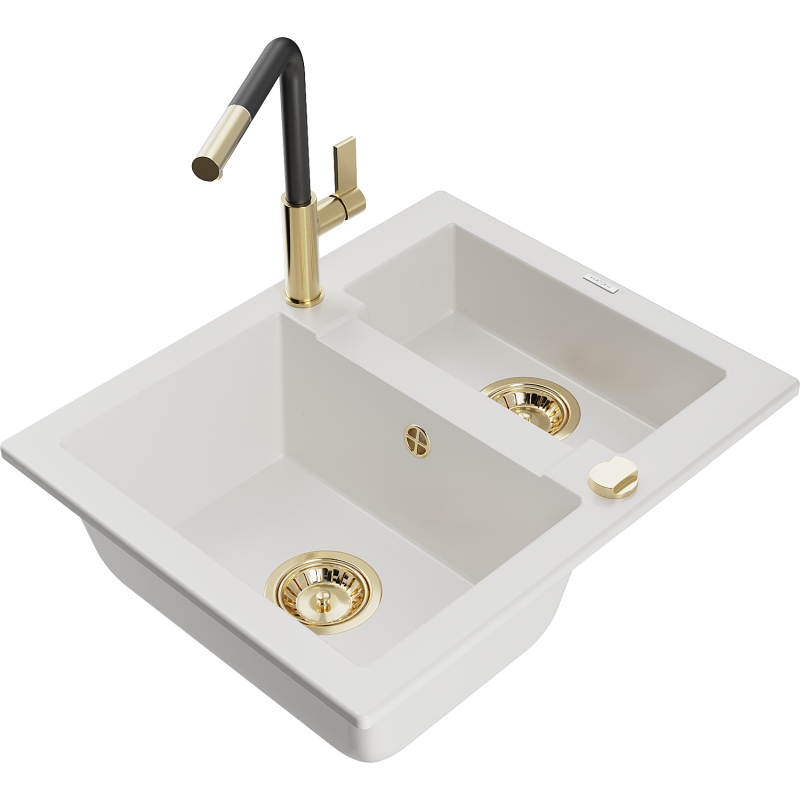 Mexen Carlos granitový dřez 1,5-komorový s kuchyňskou baterií Flora, bílý - 6518-20-670401-57-G