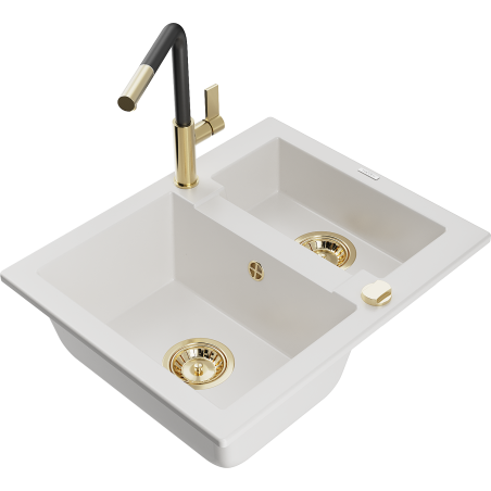 Mexen Carlos granitový dřez 1,5-komorový s kuchyňskou baterií Flora, bílý - 6518-20-670401-57-G