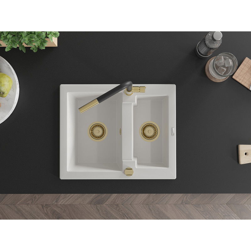 Mexen Carlos granitový dřez 1,5-komorový s kuchyňskou baterií Flora, bílý - 6518-20-670401-57-G