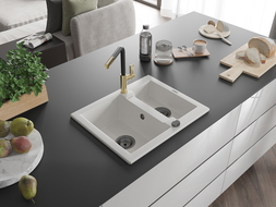 Mexen Carlos žulový dřez 1,5 komory s kuchyňskou baterií Flora, bílý - 6518-20-670401-57-B