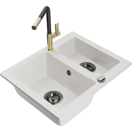 Mexen Carlos žulový dřez 1,5 komory s kuchyňskou baterií Flora, bílý - 6518-20-670401-57-B