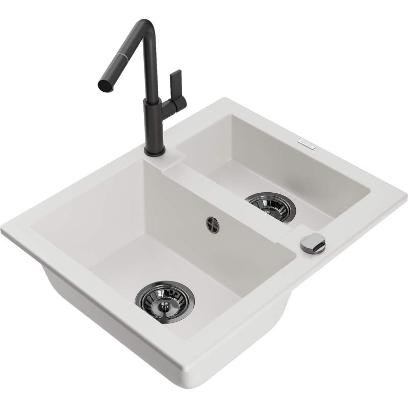 Mexen Carlos granitový dřez 1,5-komorový s kuchyňskou baterií Flora, bílý - 6518-20-670401-70-B